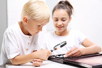 Image showing Children watching minerals under the microscope