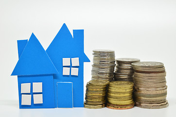 Image showing House model and stacks of coins