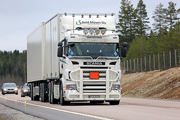 Image showing White Customized Scania Cargo Truck on the Road