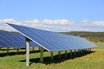 Image showing Solar Panels on Sunny Flower Field