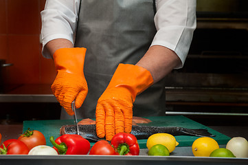 Image showing cutting salmon fish