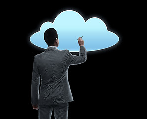 Image showing businessman working with virtual cloud projection