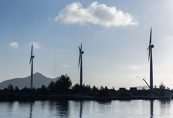 Image showing turbines at wind farm on sea shore