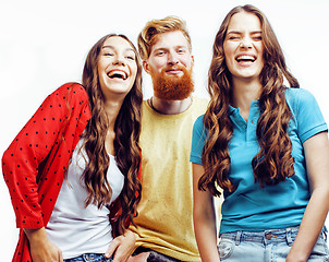 Image showing company of hipster guys, bearded red hair boy and girls students having fun together friends, diverse fashion style, lifestyle people concept isolated on white background 