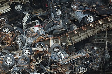 Image showing Pile of smashed car wrecks