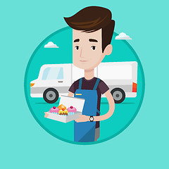 Image showing Baker delivering cakes vector illustration.