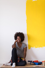 Image showing back female painter sitting on floor