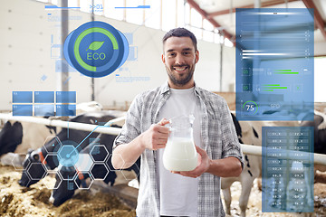 Image showing man or farmer with cows milk on dairy farm