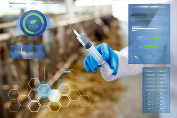 Image showing veterinarian hand with vaccine in syringe on farm