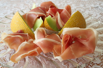 Image showing Galia melon and serrano ham