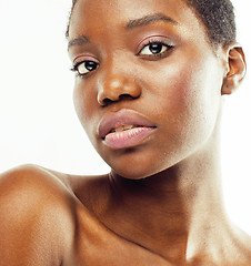 Image showing young pretty african american woman naked taking care of her skin isolated on white background, healthcare people concept 