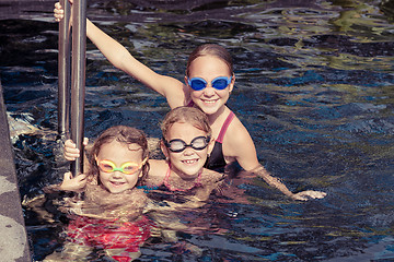 Image showing happy children  playing on the swimming pool