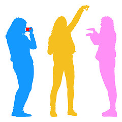 Image showing Silhouettes woman taking selfie with smartphone on white background. illustration