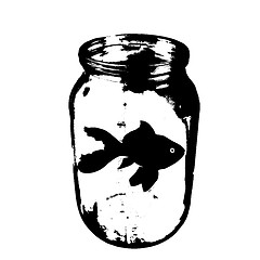 Image showing Black silhouette of aquarium fish in a jar with water on white background