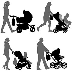 Image showing Set black silhouettes Family with pram on white background. illustration