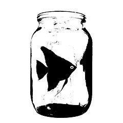 Image showing Black silhouette of aquarium fish in a jar with water on white background