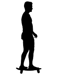 Image showing Silhouettes skateboarder performs jumping on a white background