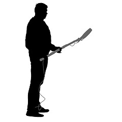 Image showing Sound technician with microphone in hand. Silhouettes on white background