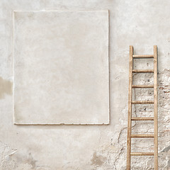 Image showing weathered stucco wall with wooden ladder