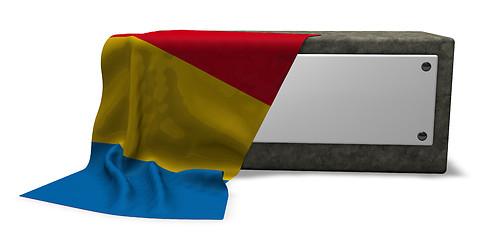 Image showing stone socket with blank sign and flag of romania - 3d rendering