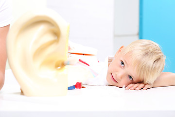 Image showing Students anatomy lesson. Children watch a model of the human ear.