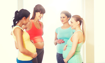 Image showing group of happy pregnant women talking in gym