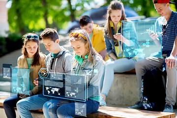 Image showing teenage friends with smartphones outdoors