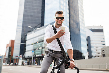 Image showing man with bicycle and smartphone on city street