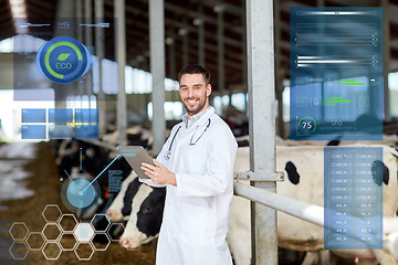 Image showing veterinarian with tablet pc and cows on dairy farm