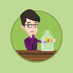 Image showing Worried businessman looking at empty money box.