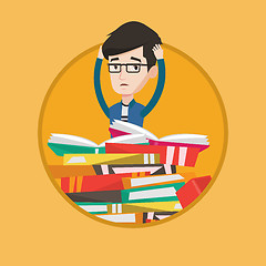 Image showing Student sitting in huge pile of books.