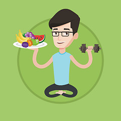 Image showing Healthy man with fruits and dumbbell.