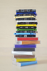 Image showing Stack of old colorful audio cassettes