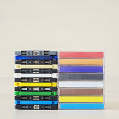 Image showing Stack of old colorful audio cassettes