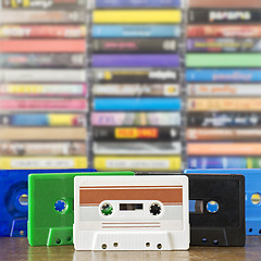 Image showing Stack of old colorful audio cassettes