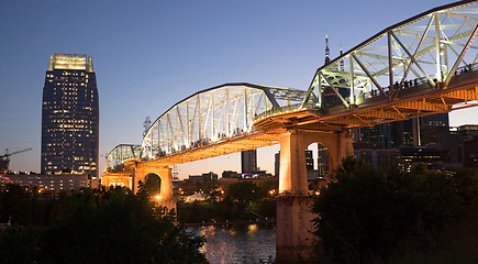 Image showing People Walk Across Cumberland River Pedestrian Bridge Nashville 