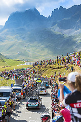 Image showing Row of Technical Cars in Mountains - Tour de France 2016