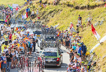 Image showing Row of Technical Cars in Mountains - Tour de France 2016