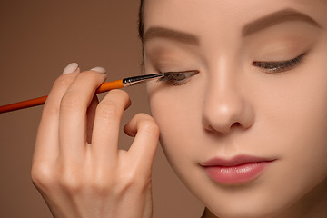 Image showing Beautiful female eyes with make-up and brush