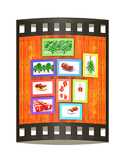 Image showing Mock up picture frames on wood wall. 3d illustration. The film s