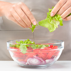 Image showing Cook is tearing lettuce while making salad
