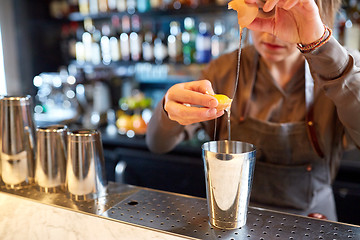 Image showing bartender with shaker preparing cocktail at bar