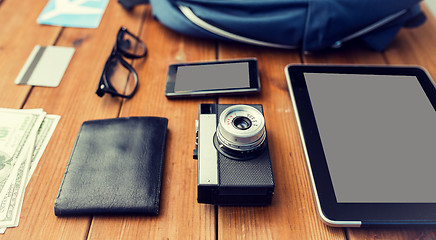 Image showing close up of camera, gadgets and travel stuff