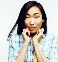 Image showing young pretty asian woman posing cheerful emotional isolated on white background, lifestyle people concept