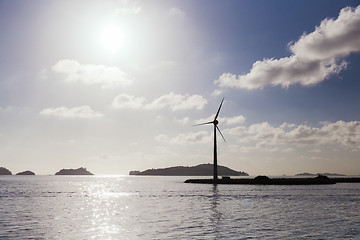 Image showing turbines at wind farm on sea shore