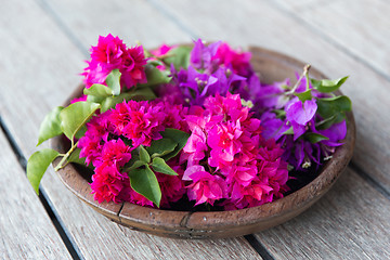 Image showing beautiful exotic flowers in wooden bowl