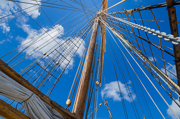 Image showing Folded sail and mast on an old sailboat