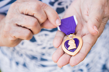 Image showing Senior Woman Holding The Military Purple Heart Medal In Her Hand