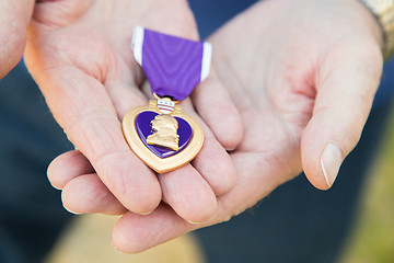 Image showing Senior Man Holding The Military Purple Heart Medal In His Hands.