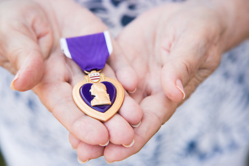 Image showing Senior Woman Holding The Military Purple Heart Medal In Her Hand